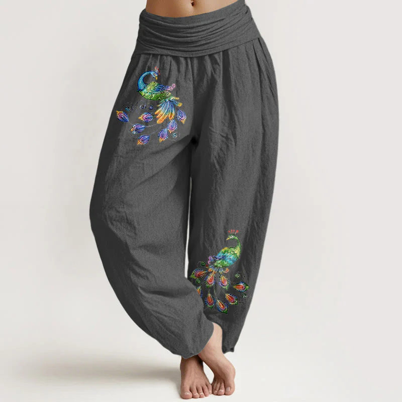 Buddha Stones Cotton Colorful Peacock Pattern Women's Elastic Waist Harem Pants