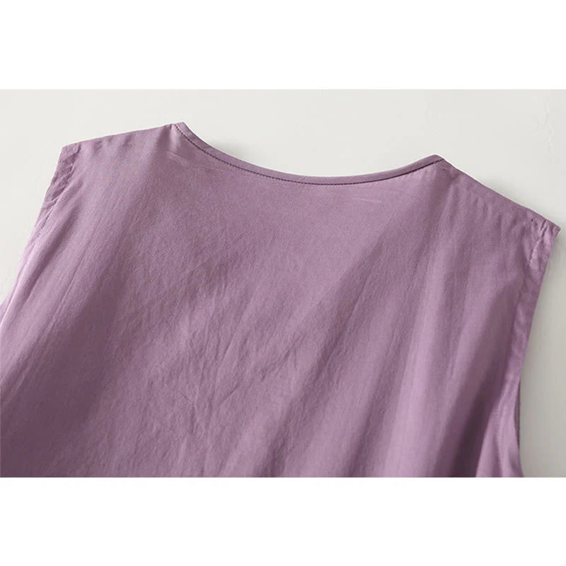 Buddha Stones Solid Color Accordion Design Sleeveless Cotton Midi Dress With Pockets
