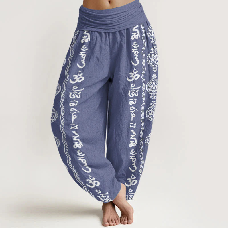 Buddha Stones Cotton Mandala Om Mani Padme Hum Women's Elastic Waist Harem Pants
