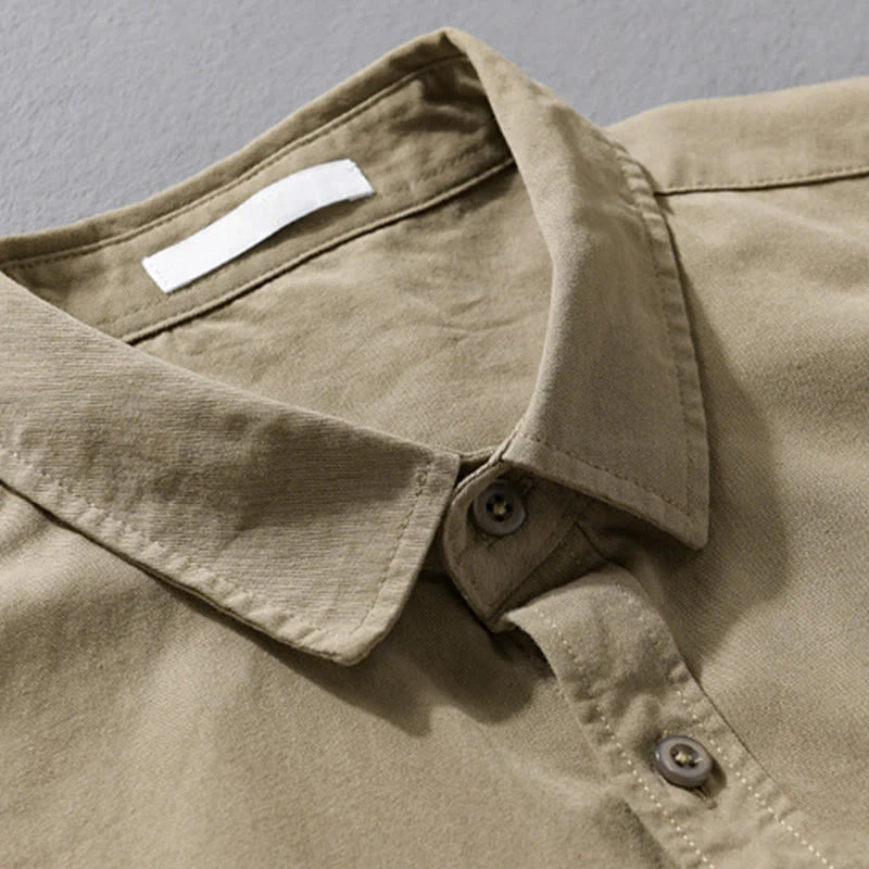 Buddha Stones Casual Solid Buttons Down Decorative Pocket Men's Stand Collar Long Sleeve Cotton Shirt