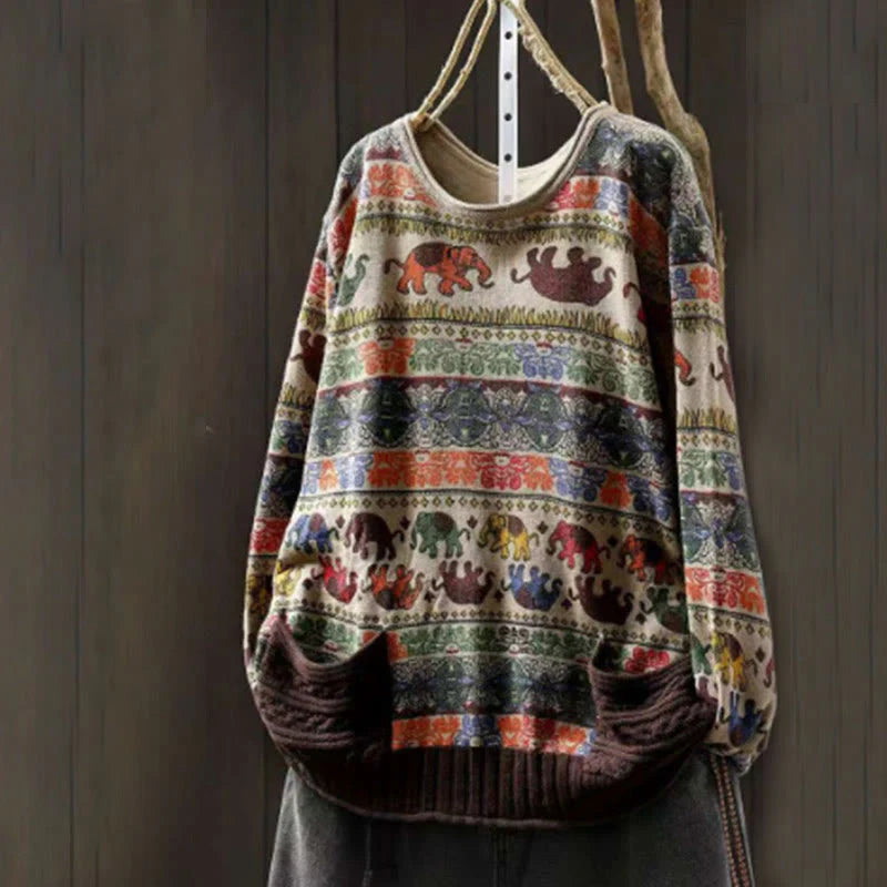 Buddha Stones Fall Elephant Pattern Knitted Cotton Women's Long Sleeve Sweater With Pockets