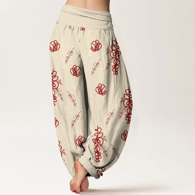 Buddha Stones Print Hand-painted Flowers Branches Pattern Women's Elastic Waist Harem Cotton Pants