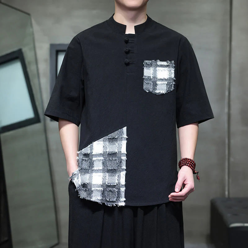 Buddha Stones Summer Vintage Color Contrast Patchwork Design Stand Collar Men's Half Sleeve Cotton Shirt With Pocket