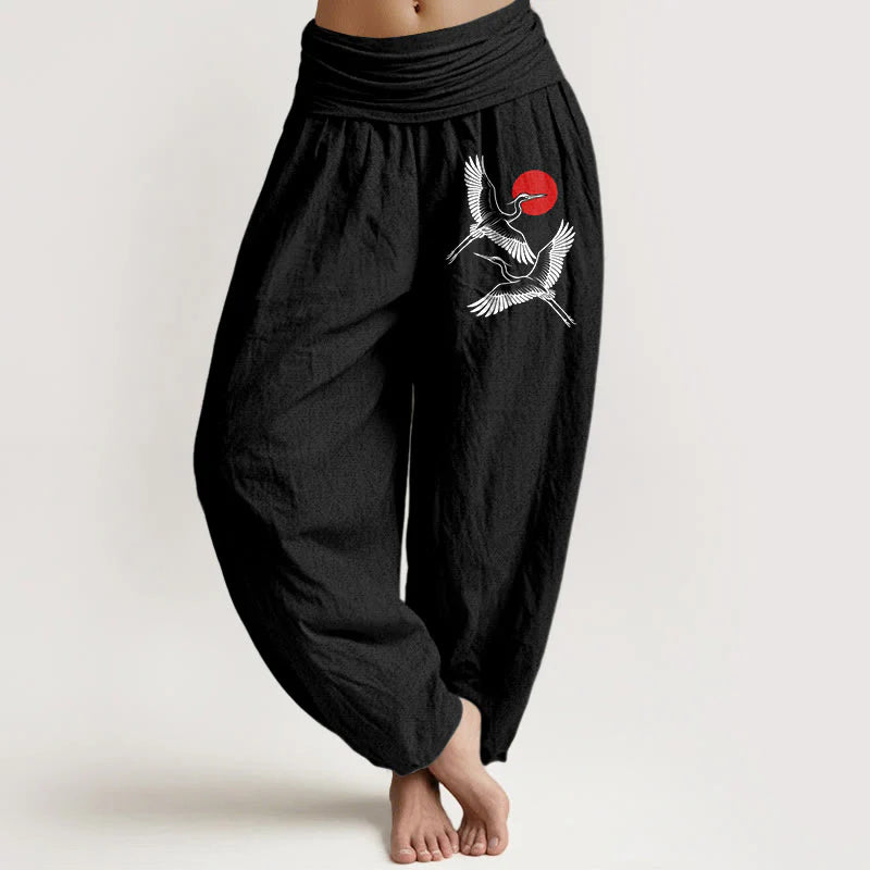 Buddha Stones Red Sun Cranes Pattern Women's Elastic Waist Harem Pure Cotton Pants