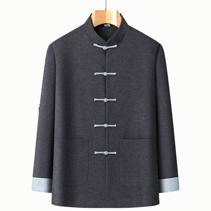 Buddha Stones Men's Fall Pure Color Frog-button Long Sleeve Cotton Tang Suit Jacket With Pockets