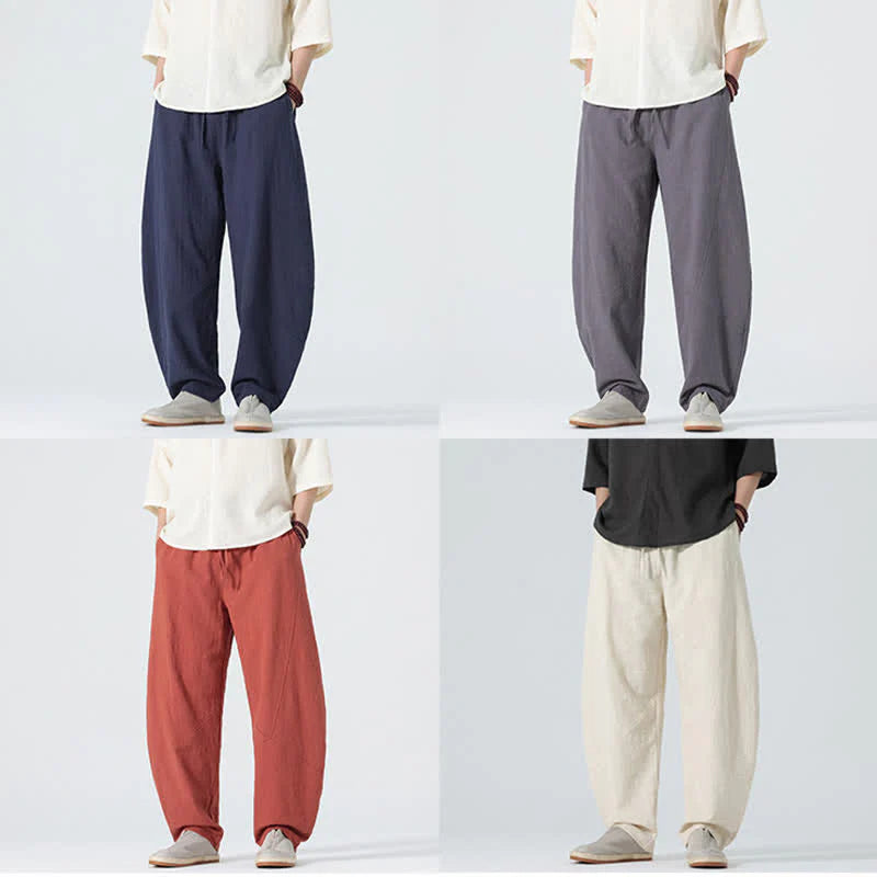 Buddha Stones Spring Pure Color Men's Cotton Drawstring Pants With Pockets