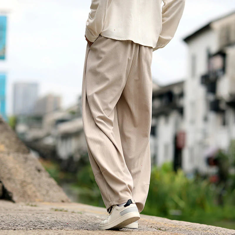Buddha Stones Fall Solid Elastic Waist Drawstring Men's Harem Pants With Pockets