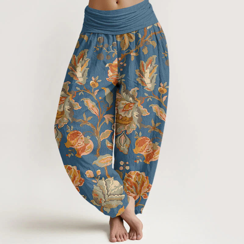 Buddha Stones Cotton Casual Blooming Flowers Buds Design Women's Elastic Waist Harem Pants