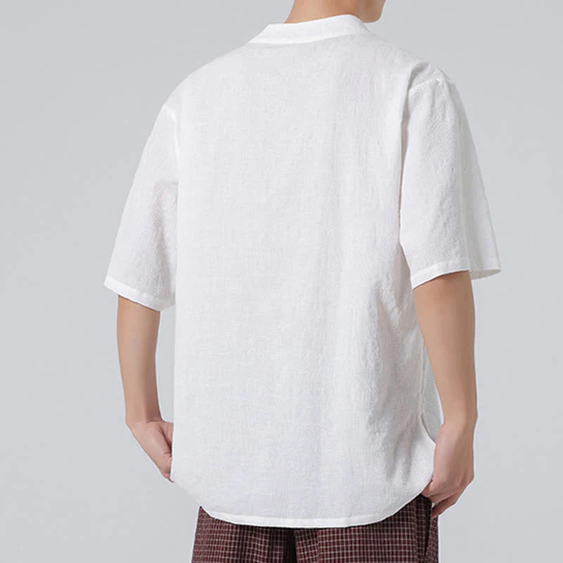 Buddha Stones Ethnic Distressed Jacquard Frog-Button Men's Stand Collar Half Sleeve Cotton Linen Shirt Tai Chi Clothes
