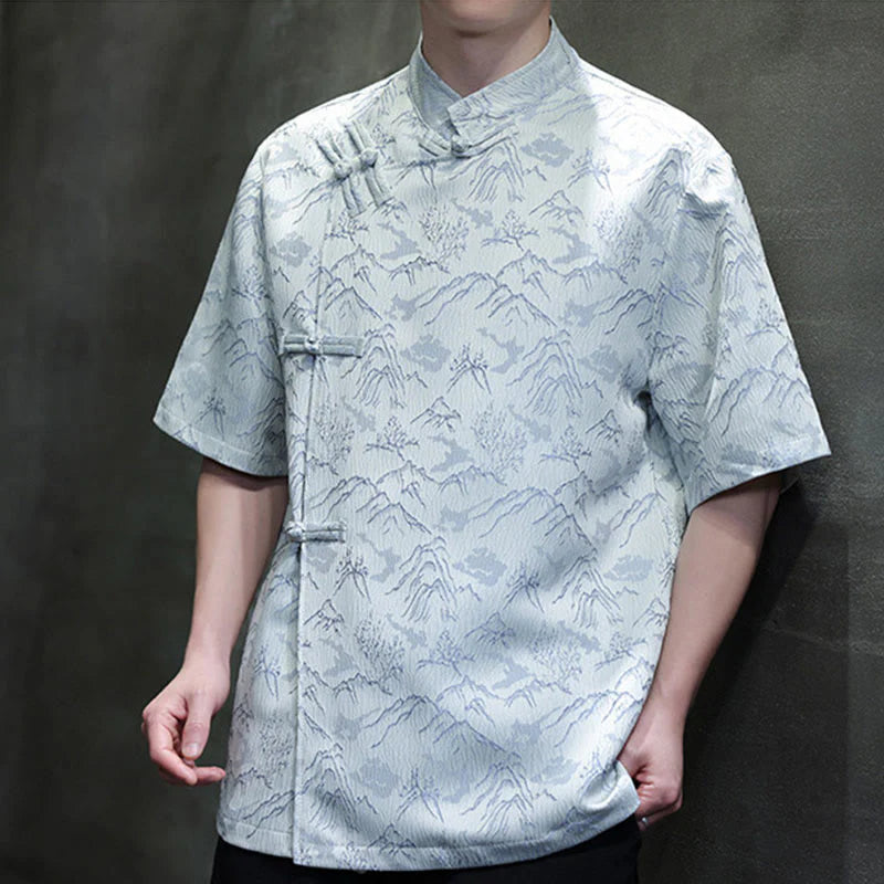 Buddha Stones Summer Mountain Pattern Jacquard Chinese Frog-Button Cotton Short Sleeve Men's Shirt