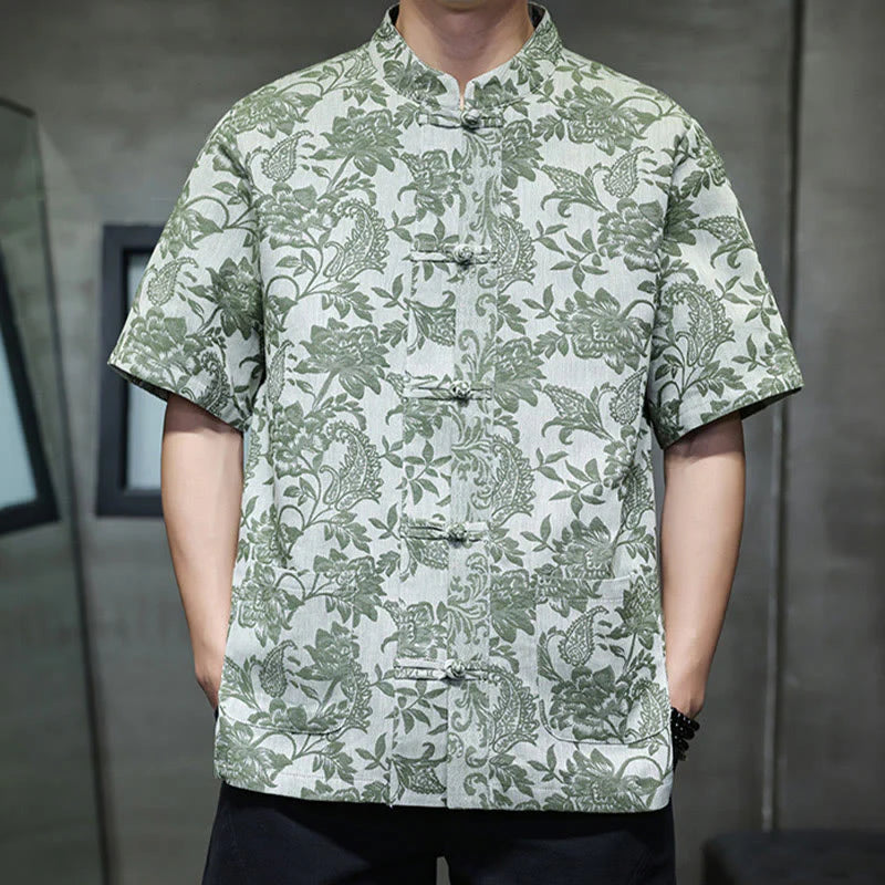 Buddha Stones Casual Jacquard Paisley Flower Plant Pattern Frog-Button Design Men's Cotton Shirt Cardigan With Pockets