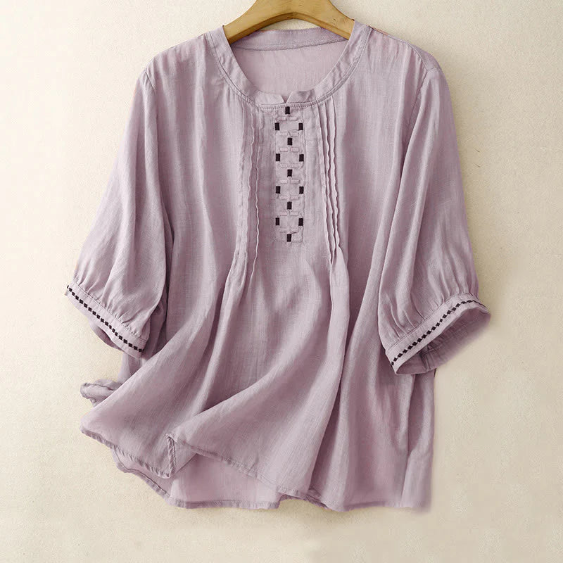 Buddha Stones Embroidery Crew Neck Pleats Women's Cotton Linen Half Sleeve T-shirt