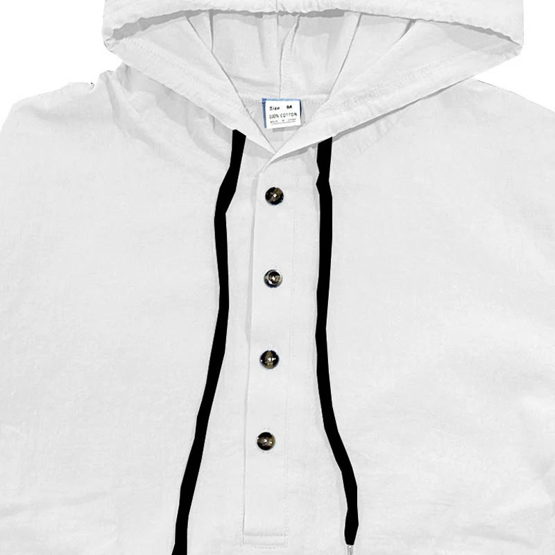 Buddha Stones Solid Color Fall Half Buttons Men's Hooded Long Sleeve Cotton Shirt