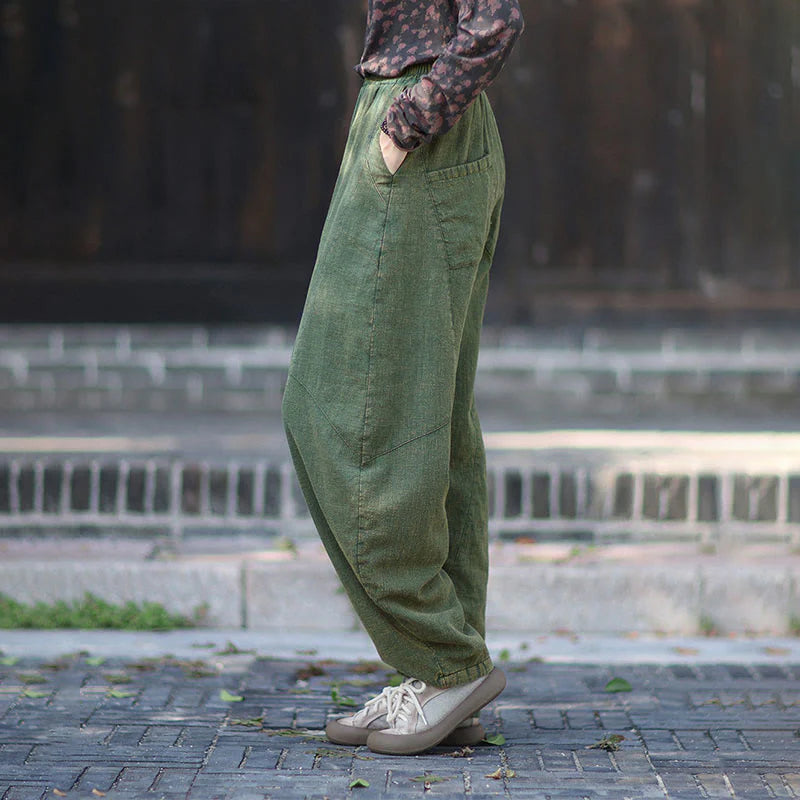 Buddha Stones Winter Elastic Waist Ramie Cotton Thermal Women's Pants With Pockets