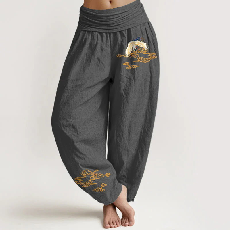 Buddha Stones Plain Crane Auspicious Clouds Pattern Women's Elastic Waist Harem Cotton Pants