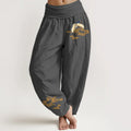 Buddha Stones Plain Crane Auspicious Clouds Pattern Women's Elastic Waist Harem Cotton Pants