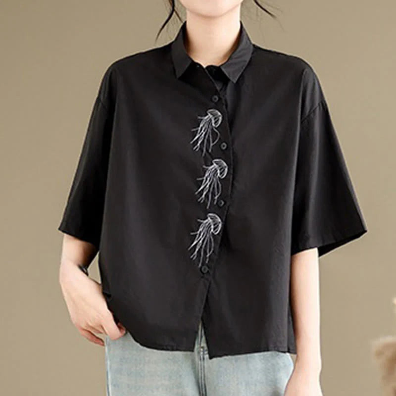 Buddha Stones Casual Women's Embroidered Jellyfish Pattern Stand Collar Buttons Design Half Sleeve Cotton Shirt