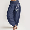 Buddha Stones Sitting Buddha Lotus Floral Pattern Elastic Waist Women's Harem Pure Cotton Pants
