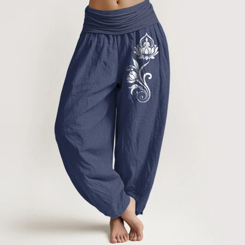 Buddha Stones Sitting Buddha Lotus Floral Pattern Elastic Waist Women's Harem Pure Cotton Pants