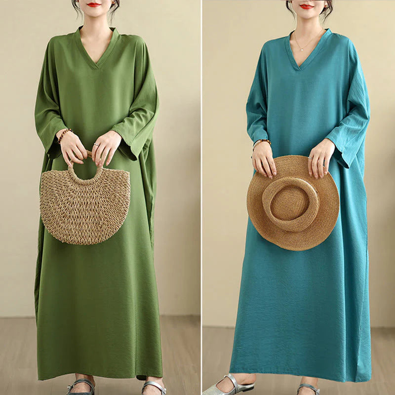 Buddha Stones Retro Casual Solid Color Long Sleeve Cotton Linen Maxi Dress With Pockets
