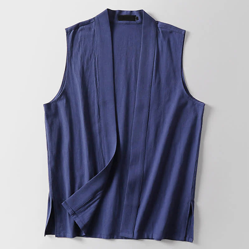 Buddha Stones Spring Pure Color Open Front Design Men's Cotton Linen Sleeveless Kimono
