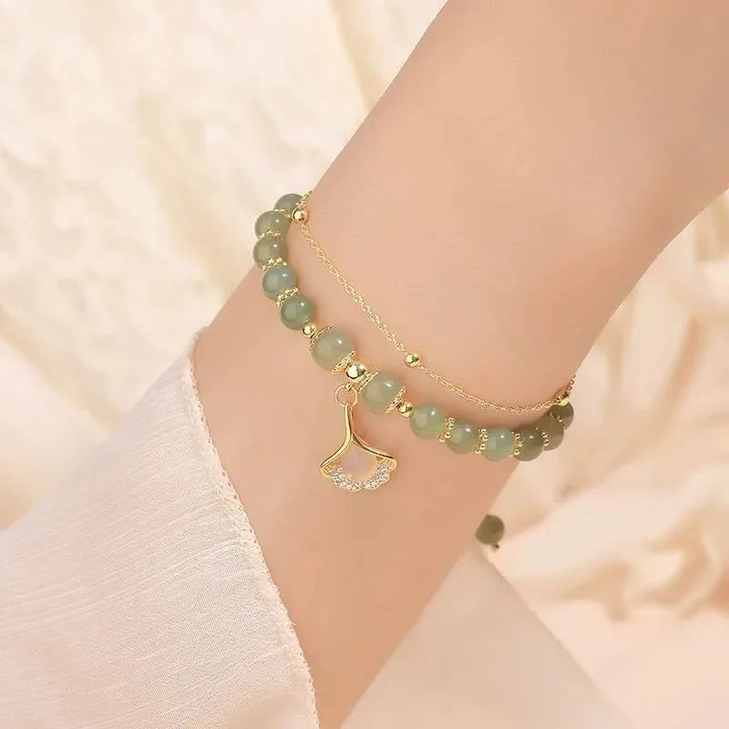 Buddha Stones Jade Leaf Ginkgo Tulip Peanut Fu Character Luck Beaded Bracelet