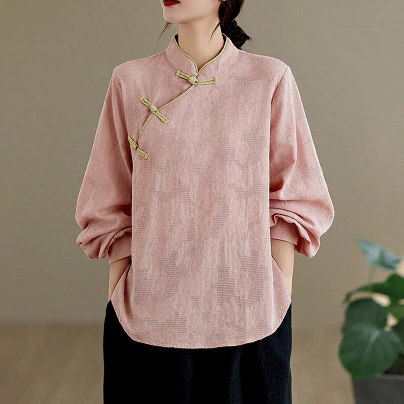 Buddha Stones Spring Traditional Floral Frog-Button Stand Collar Long Sleeve Women's Cotton Shirt