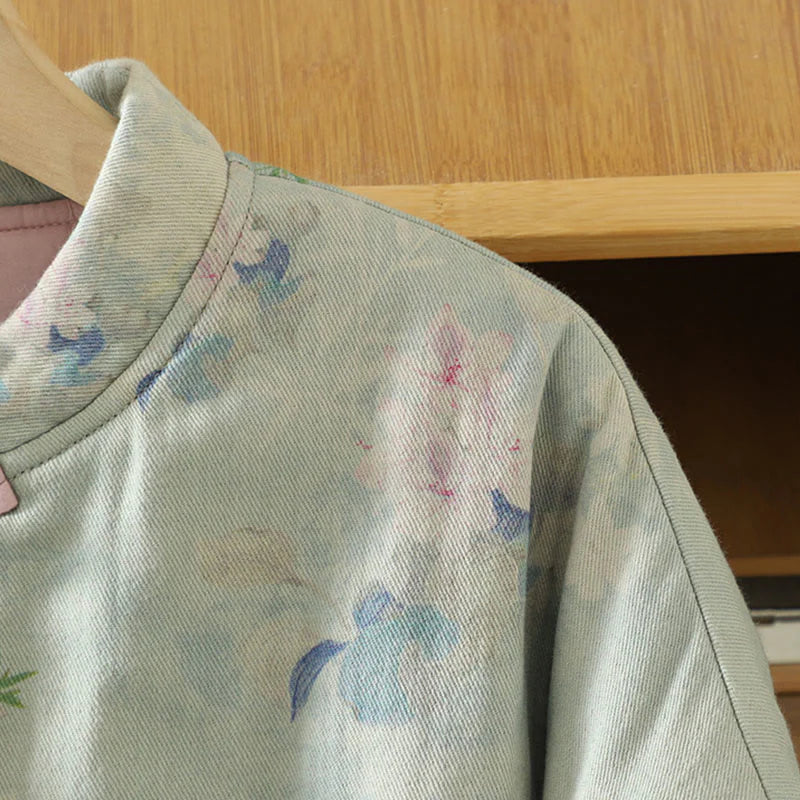 Buddha Stones Frog-button Flower Pattern Crew Neck Thickened Long Sleeve Women's Coat