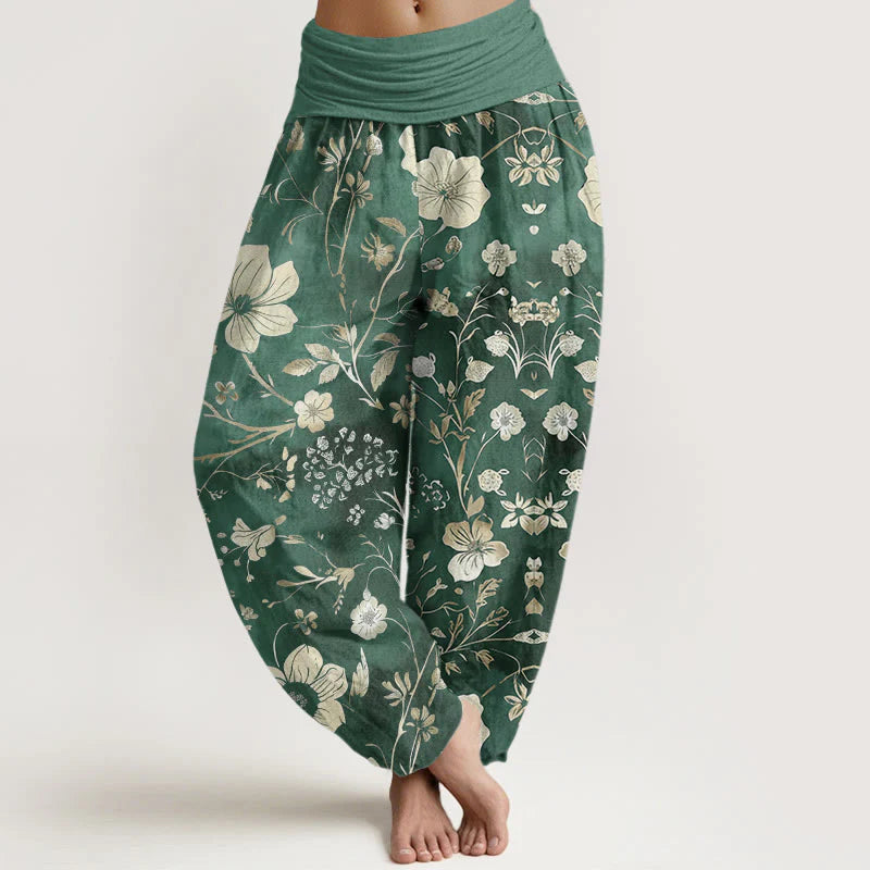 Buddha Stones Cotton White Flowers Winding Vines Pattern Design Women's Elastic Waist Harem Pants