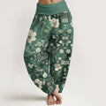 Buddha Stones Cotton White Flowers Winding Vines Pattern Design Women's Elastic Waist Harem Pants