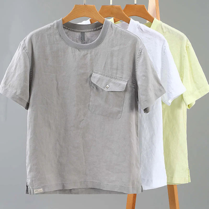 Buddha Stones Crew Neck Simple Design Men's Short Sleeve Linen Shirt With Pocket