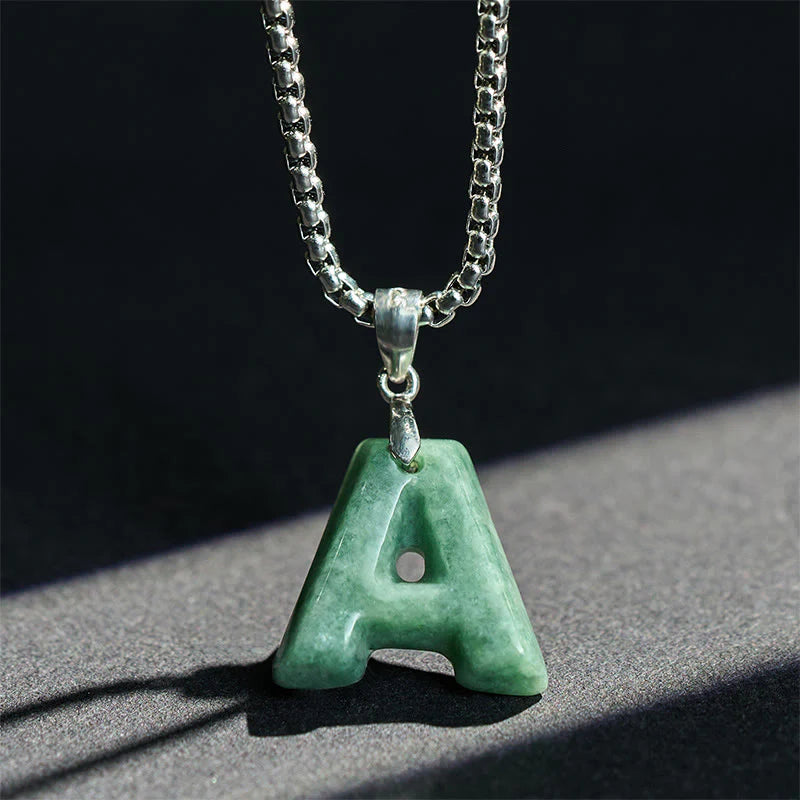 Buddha Stones Natural A-Z Letter Jade Titanium Steel Wide Chain Prosperity Necklace Pendant