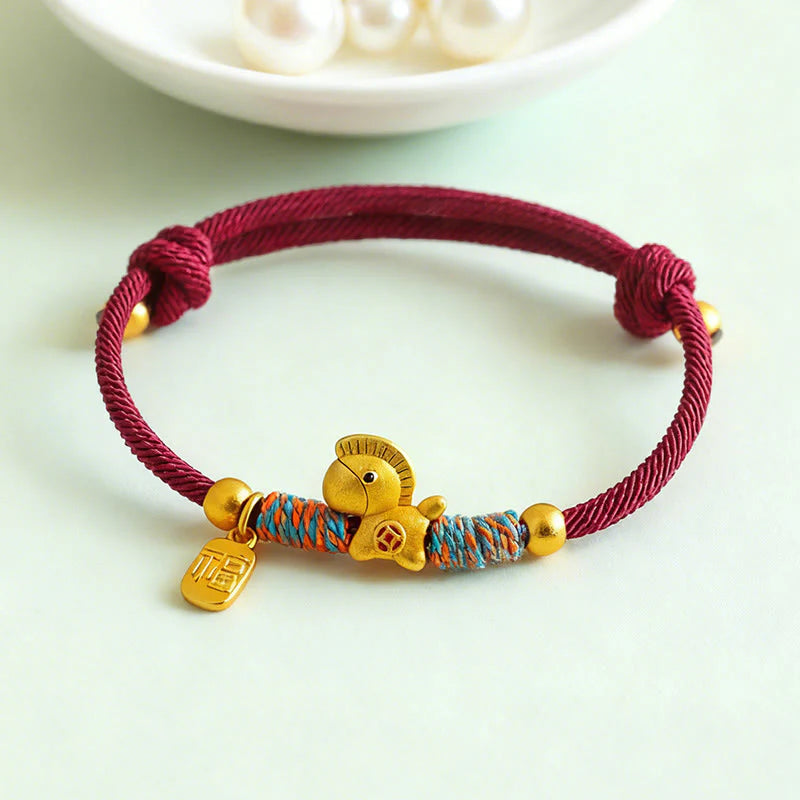 Buddha Stones 999 Sterling Silver Year Of The Horse Fu Character Charm Colorful String Rope Luck Bracelet