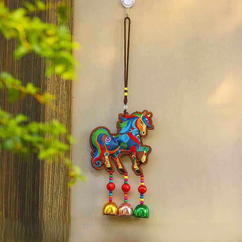 Buddha Stones Year Of The Horse Embroidery Copper Coins Bell Charm Tassel Wealth Success Hanging Decoration