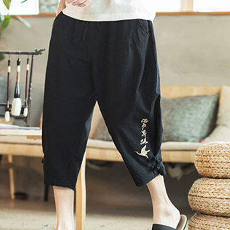Buddha Stones Crane Embroidery Cotton Men's Cropped Harem Pants With Pockets