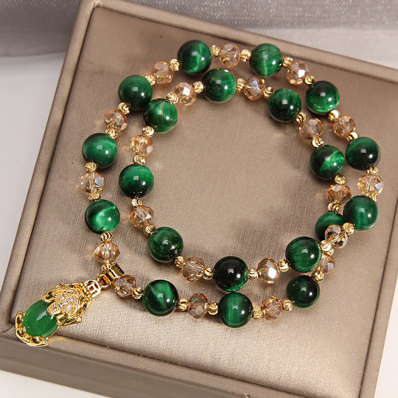 Buddha Stones Tiger Eye Pixiu Fox Money Bag Protection Self Confidence Double Wrap Bracelet