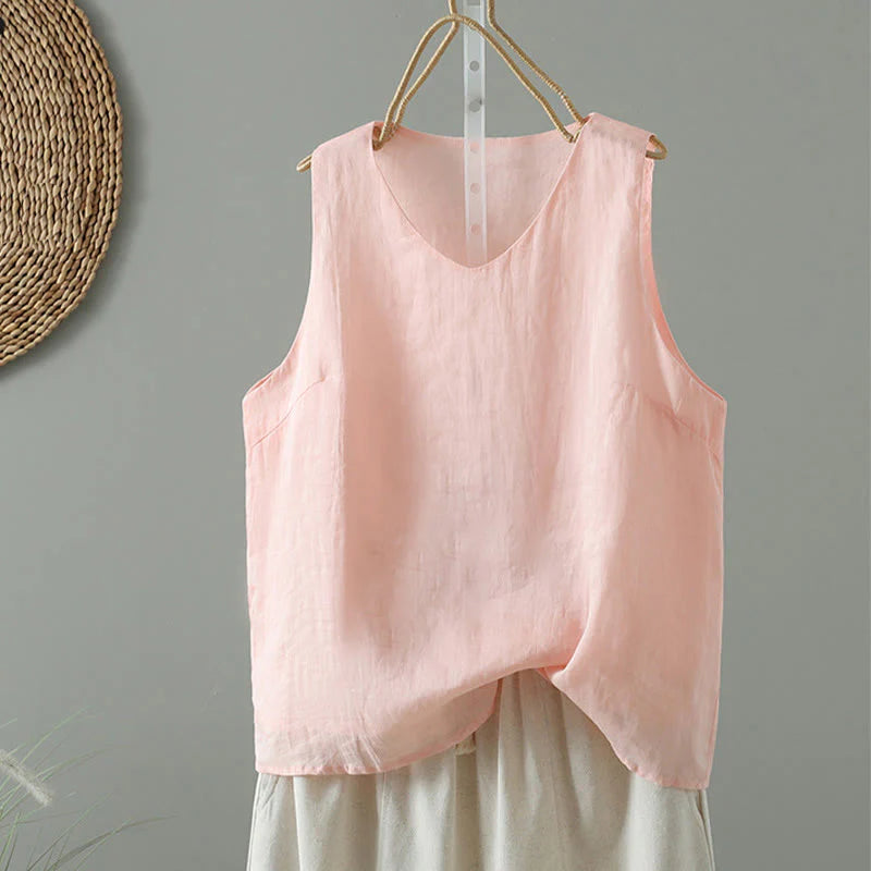 Buddha Stones Vintage Pure Color V-Neck Cotton Sleeveless Women's Vest Waistcoat