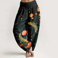 Buddha Stones Koi Fish Lotus Pattern Women's Elastic Waist Harem Pure Cotton Printed Pants