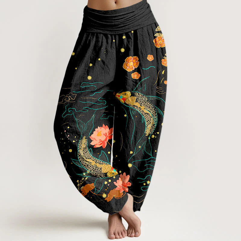 Buddha Stones Koi Fish Lotus Pattern Women's Elastic Waist Harem Pure Cotton Printed Pants