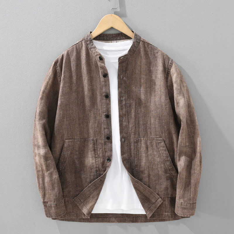 Buddha Stones Fall Plain Long Sleeve Buttons Design Men's Ramie Linen Cotton Shirts With Pocket