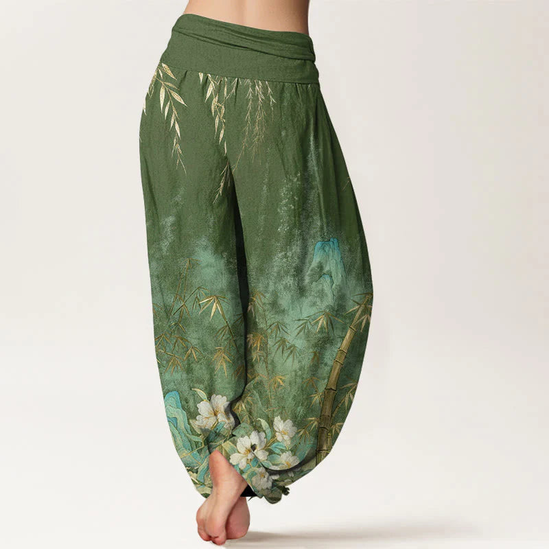 Buddha Stones Cotton Natural Landscape Bamboo Flowers Pattern Women's Elastic Waist Harem Pants