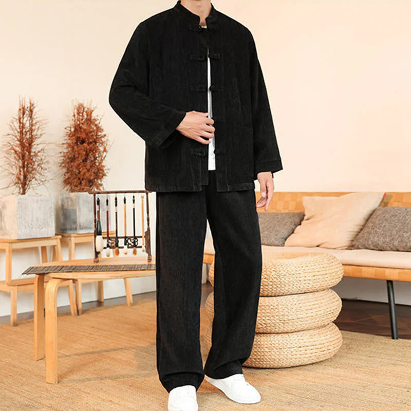 Buddha Stones 2Pcs Winter Thick Men's Tang Suit Frog-Button Cotton Corduroy Long Sleeve Jacket Pants Set With Pockets