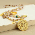 Buddha Stones Tibetan Lotus Round Plate Golden Tiger Eye Beads Necklace Pendant