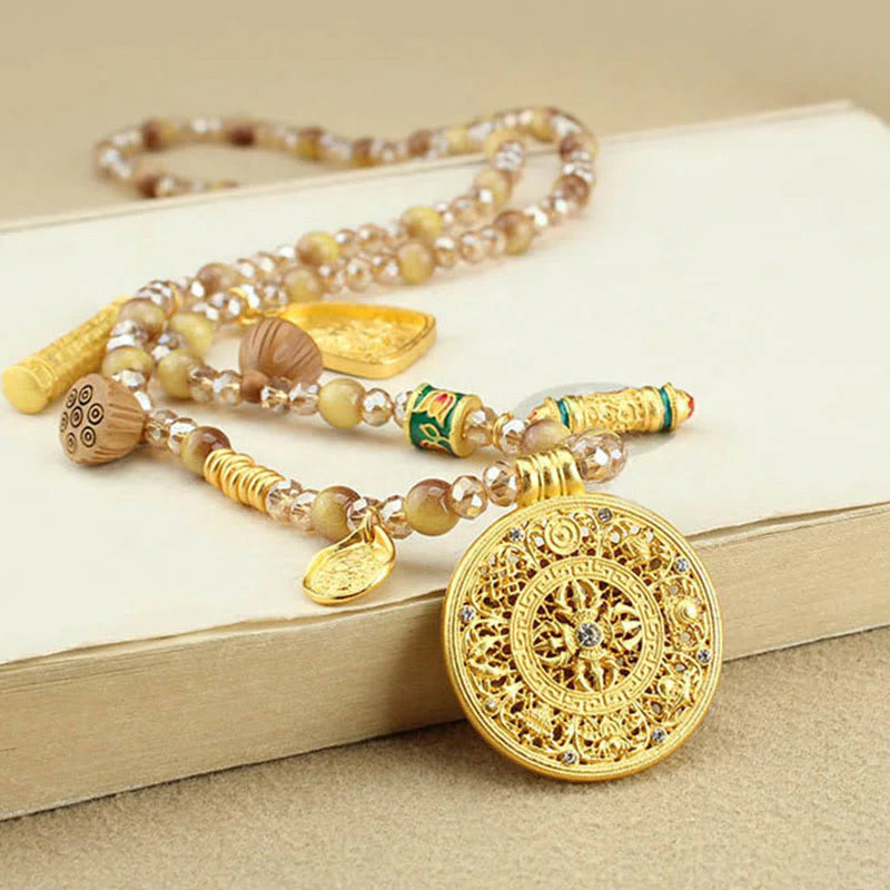 Buddha Stones Tibetan Lotus Round Plate Golden Tiger Eye Beads Necklace Pendant