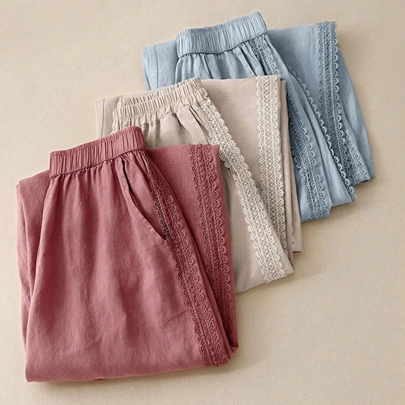 Buddha Stones Plain Color Lace Stitching Cotton Linen Women's Wide Leg Pants With Pockets