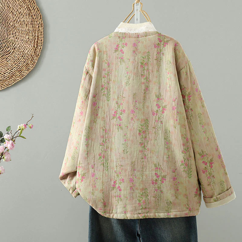Buddha Stones Winter Lace Patchwork Long Sleeve Cotton Women's Thermal Jacket With Pockets