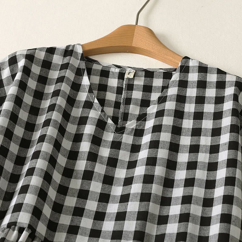 Buddha Stones Casual V-neck Short Sleeve Cotton Plaid Summer Midi Dress