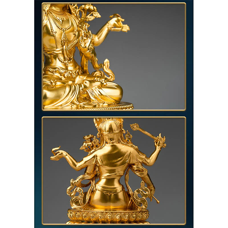 Buddha Stones Four-armed Manjusri Bodhisattva Gold Figurine Compassion Serenity Copper Statue Home Decoration