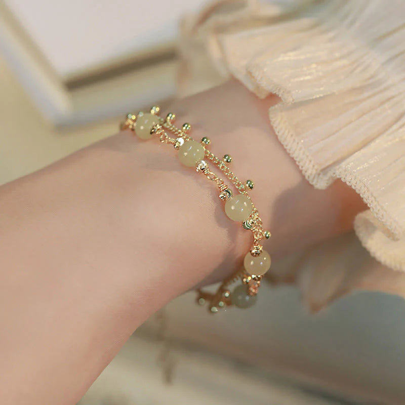 Buddha Stones 14K Gold Plated 2 Layers Hetian Jade Bead Luck Prosperity Bracelet