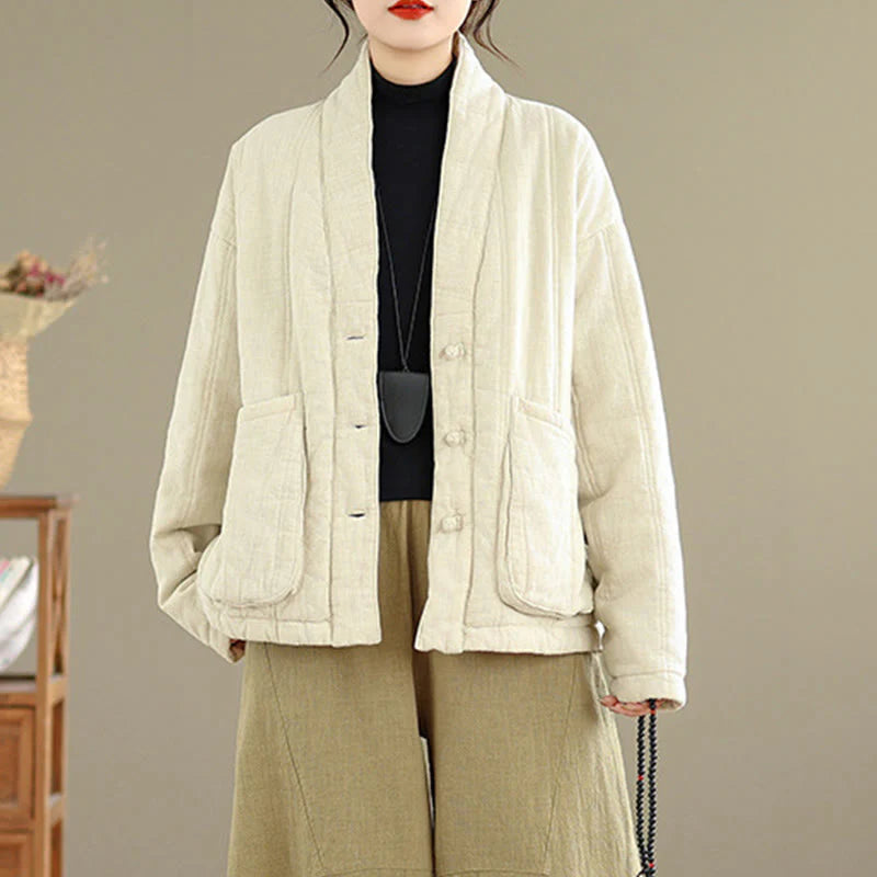 Buddha Stones Winter Solid Long Sleeve Cotton Women's Thermal Jacket With Pockets